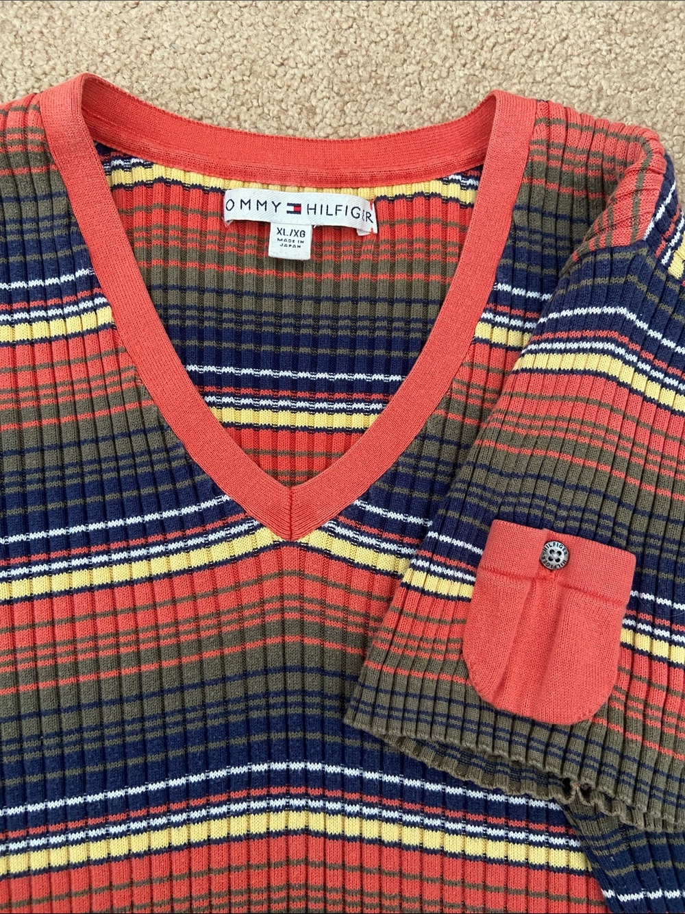 Tommy Hilfiger Short Sleeve V-Neck Striped Top - Orange, Navy, Olive